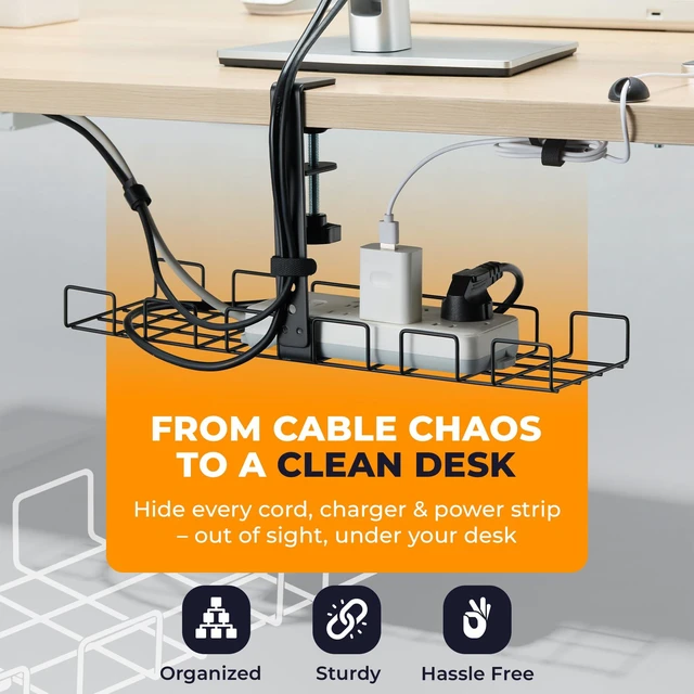 Alt view image 2 of 7 - JANEX Under Desk Cable Management Tray Kit, No Drill Clamp-On Cable Organizer for Desk, Wire Cord Management Tray with Cable Sleeve, Cable Clips, Ties & Velcro Strips, Black