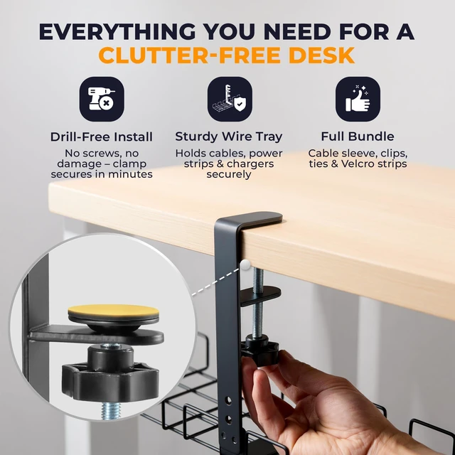 Alt view image 3 of 7 - JANEX Under Desk Cable Management Tray Kit, No Drill Clamp-On Cable Organizer for Desk, Wire Cord Management Tray with Cable Sleeve, Cable Clips, Ties & Velcro Strips, Black