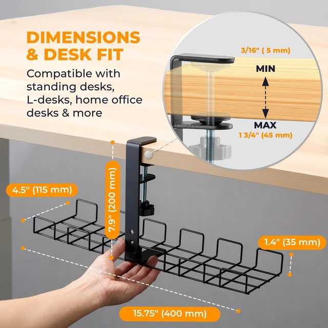 Alt view image 5 of 7 - JANEX Under Desk Cable Management Tray Kit, No Drill Clamp-On Cable Organizer for Desk, Wire Cord Management Tray with Cable Sleeve, Cable Clips, Ties & Velcro Strips, Black