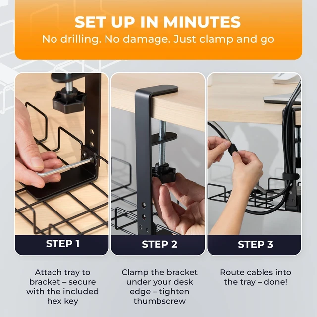 Alt view image 6 of 7 - JANEX Under Desk Cable Management Tray Kit, No Drill Clamp-On Cable Organizer for Desk, Wire Cord Management Tray with Cable Sleeve, Cable Clips, Ties & Velcro Strips, Black