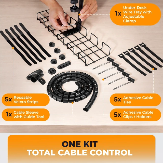 Alt view image 4 of 7 - JANEX Under Desk Cable Management Tray Kit, No Drill Clamp-On Cable Organizer for Desk, Wire Cord Management Tray with Cable Sleeve, Cable Clips, Ties & Velcro Strips, Black