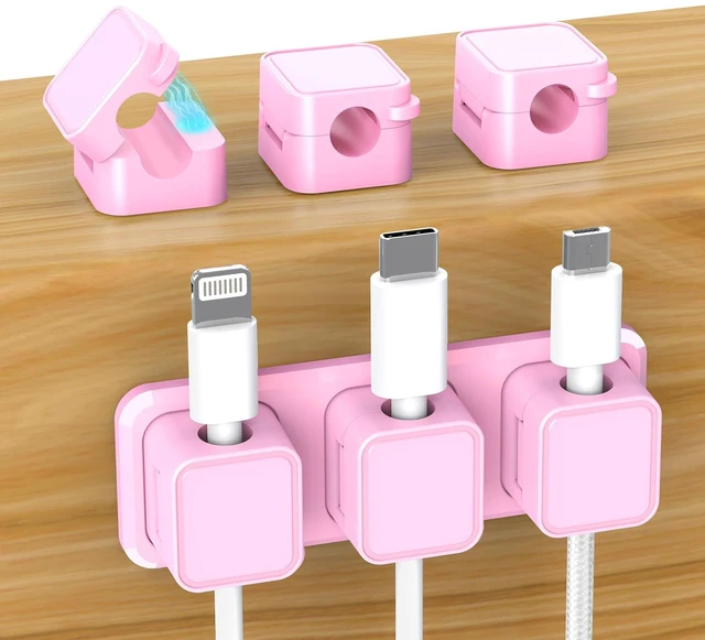 Main image of Magnetic Cable Organizer for Desk Upgraded Wire Clips with Adhesive Base Desktop Cord Holder for USB, Charging Cables 6 Clips + 1 Magnetic Base (Pink)