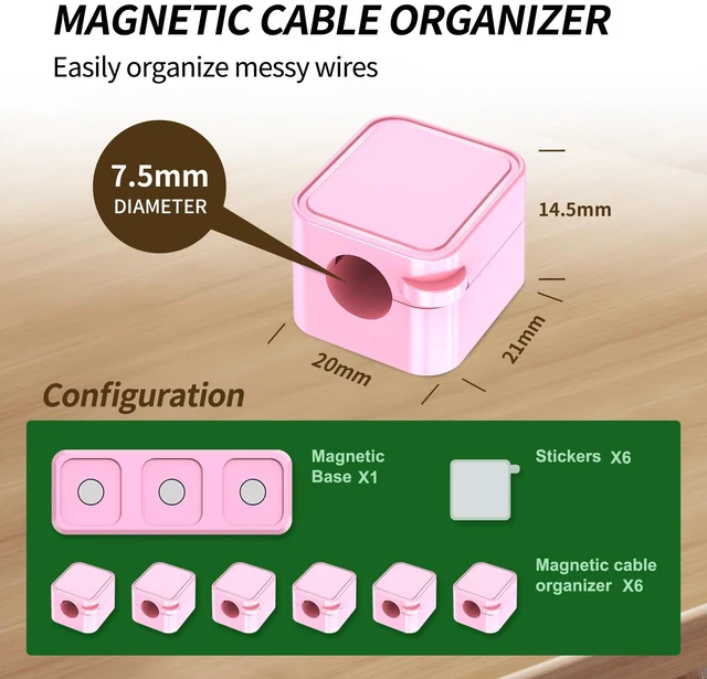 Alt view image 2 of 7 - Magnetic Cable Organizer for Desk Upgraded Wire Clips with Adhesive Base Desktop Cord Holder for USB, Charging Cables 6 Clips + 1 Magnetic Base (Pink)