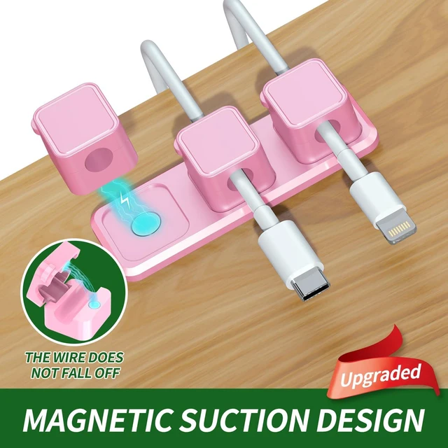 Alt view image 3 of 7 - Magnetic Cable Organizer for Desk Upgraded Wire Clips with Adhesive Base Desktop Cord Holder for USB, Charging Cables 6 Clips + 1 Magnetic Base (Pink)