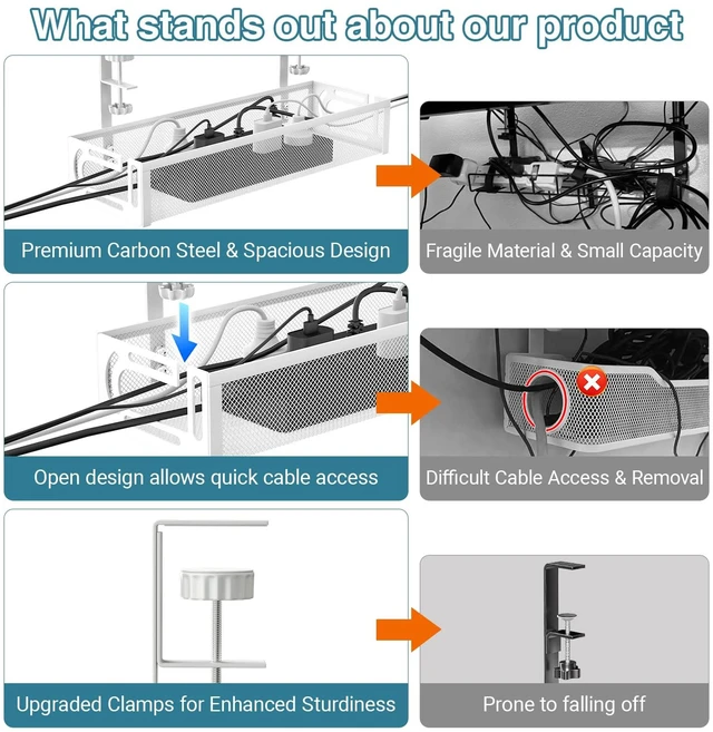 Alt view image 2 of 7 - No Drill Under Desk Cable Management Tray, SONATURE 15.7" Cord Organizer for Table, Clamp Mount Desk Cable Management, Premium Carbon Steel Cable Organizer for Office, Home (White)
