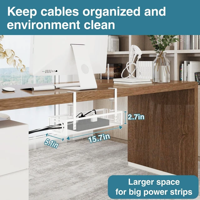 Alt view image 3 of 7 - No Drill Under Desk Cable Management Tray, SONATURE 15.7" Cord Organizer for Table, Clamp Mount Desk Cable Management, Premium Carbon Steel Cable Organizer for Office, Home (White)