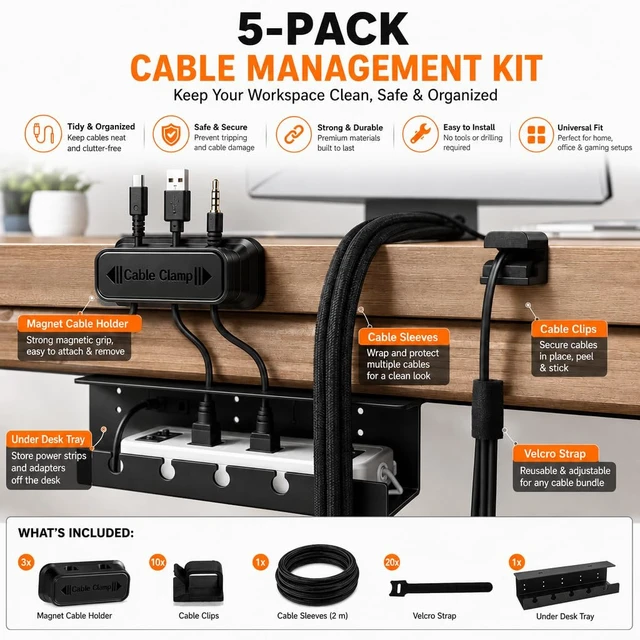 Alt view image 2 of 7 - DC 5-in-1 Under Desk Cable Management Kit - Cord Organizer | ABS plastic tray, 10 adhesive clips, 3 magnet holders, 20 reusable ties, 6.6 ft sleeve - wire hider for home or office