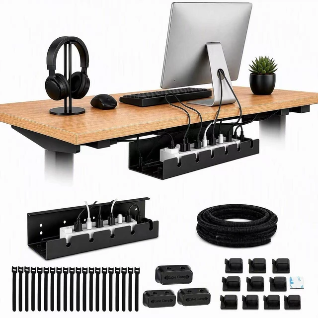 Main image of DC 5-in-1 Under Desk Cable Management Kit - Cord Organizer | ABS plastic tray, 10 adhesive clips, 3 magnet holders, 20 reusable ties, 6.6 ft sleeve - wire hider for home or office