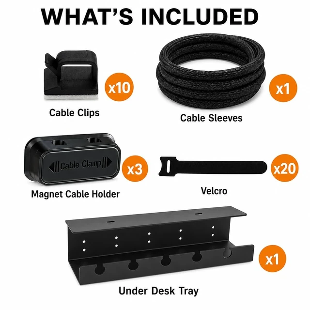 Alt view image 7 of 7 - DC 5-in-1 Under Desk Cable Management Kit - Cord Organizer | ABS plastic tray, 10 adhesive clips, 3 magnet holders, 20 reusable ties, 6.6 ft sleeve - wire hider for home or office