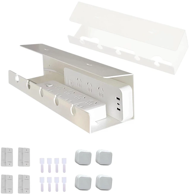 Main image of Ovanmexis Under Desk Cable Management Tray, White, No Drill, 2-Pack | Quick-Release Mount, Snap-On Tool-Free, Includes Magnetic Cable Clips & Straps, No Drill Hidden Base