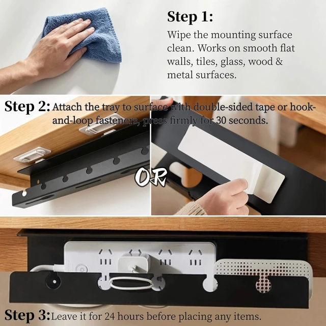 Alt view image 2 of 7 - Ovanmexis Under Desk Cable Management Tray, White, No Drill, 2-Pack | Quick-Release Mount, Snap-On Tool-Free, Includes Magnetic Cable Clips & Straps, No Drill Hidden Base