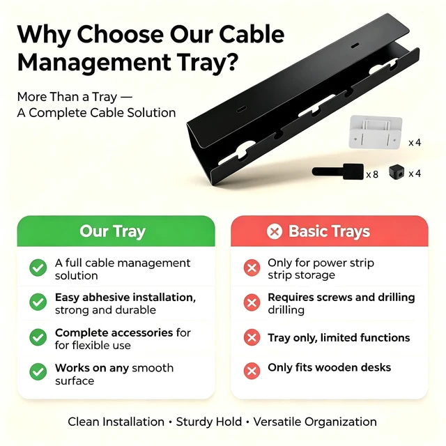 Alt view image 4 of 7 - Ovanmexis Under Desk Cable Management Tray, White, No Drill, 2-Pack | Quick-Release Mount, Snap-On Tool-Free, Includes Magnetic Cable Clips & Straps, No Drill Hidden Base