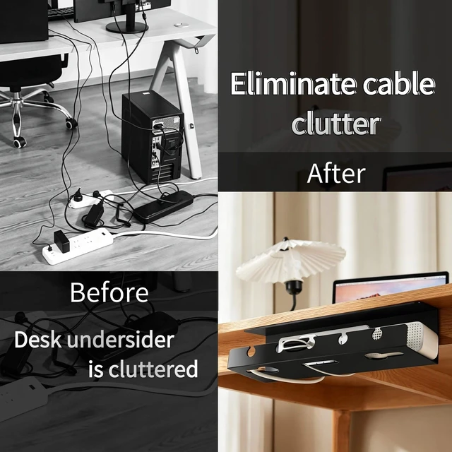 Alt view image 5 of 7 - Ovanmexis Under Desk Cable Management Tray, White, No Drill, 2-Pack | Quick-Release Mount, Snap-On Tool-Free, Includes Magnetic Cable Clips & Straps, No Drill Hidden Base