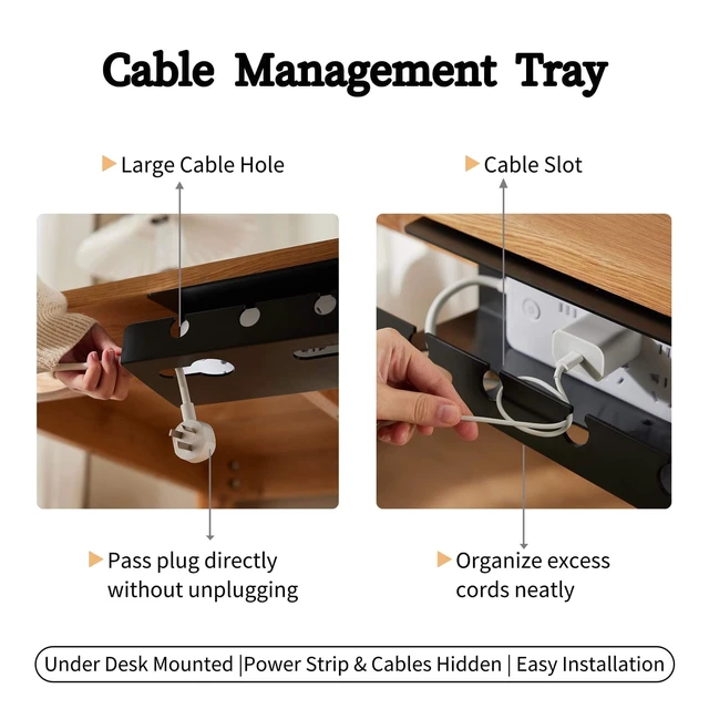 Alt view image 6 of 7 - Ovanmexis Under Desk Cable Management Tray, White, No Drill, 2-Pack | Quick-Release Mount, Snap-On Tool-Free, Includes Magnetic Cable Clips & Straps, No Drill Hidden Base