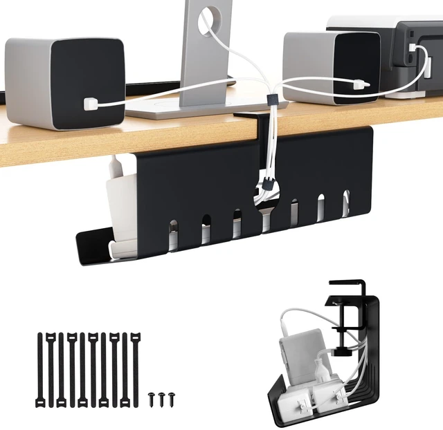 Main image of Syeeiex Under Desk Cable Management Tray, Cord Management, Black, 17inch | No-Drill C-Clamp and Screw Mount, Metal Desk Wire Organizer for Office Home Workspace, Cord Organizer with 10 Cable Ties