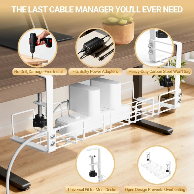 Alt view image 3 of 7 - JETONN Under Desk Cable Management Tray, 15.7'' Metal Wire Organizer with Clamp, No Drill Desk Cord Rack for Cable Management, Computer Wire Organizer for Office and Home, Sturdy & Scratch-Free