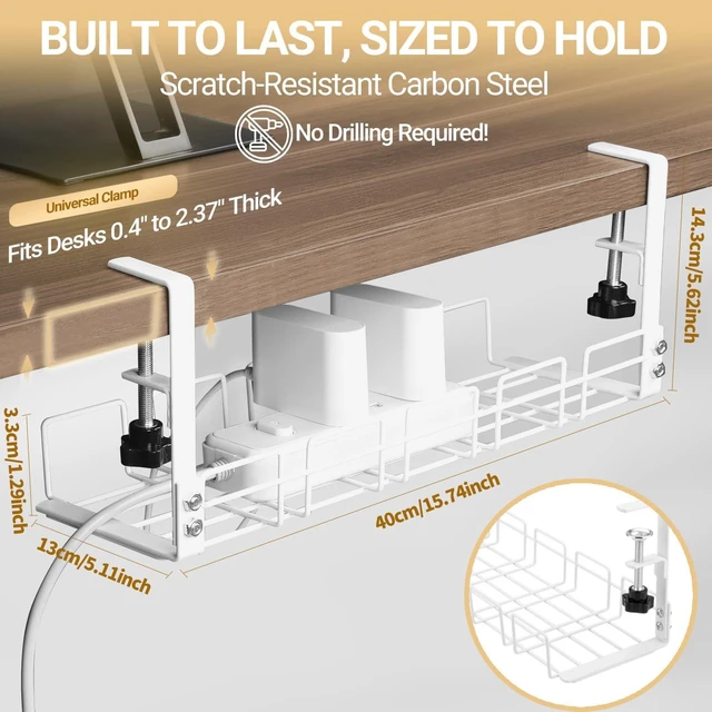 Alt view image 4 of 7 - JETONN Under Desk Cable Management Tray, 15.7'' Metal Wire Organizer with Clamp, No Drill Desk Cord Rack for Cable Management, Computer Wire Organizer for Office and Home, Sturdy & Scratch-Free
