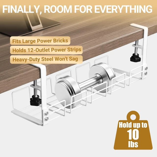 Alt view image 5 of 7 - JETONN Under Desk Cable Management Tray, 15.7'' Metal Wire Organizer with Clamp, No Drill Desk Cord Rack for Cable Management, Computer Wire Organizer for Office and Home, Sturdy & Scratch-Free