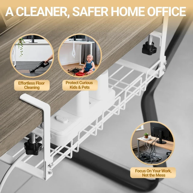 Alt view image 6 of 7 - JETONN Under Desk Cable Management Tray, 15.7'' Metal Wire Organizer with Clamp, No Drill Desk Cord Rack for Cable Management, Computer Wire Organizer for Office and Home, Sturdy & Scratch-Free