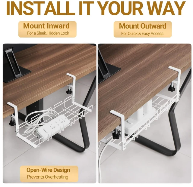 Alt view image 7 of 7 - JETONN Under Desk Cable Management Tray, 15.7'' Metal Wire Organizer with Clamp, No Drill Desk Cord Rack for Cable Management, Computer Wire Organizer for Office and Home, Sturdy & Scratch-Free