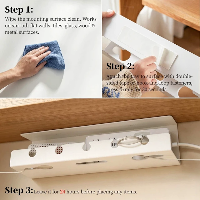 Alt view image 4 of 7 - Ovanmexis Under Desk Cable Management Tray, White, Adhesive Mount, 2-Pack | Rust-free ABS cable tray, 10 adhesive ties, no-drill mount holds 15 lbs, desk-safe non-conductive cord hider
