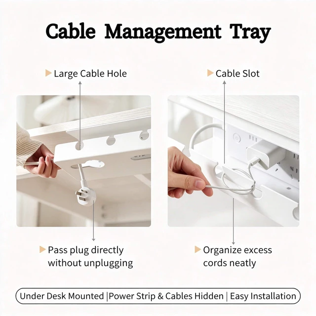 Alt view image 6 of 7 - Ovanmexis Under Desk Cable Management Tray, White, Adhesive Mount, 2-Pack | Rust-free ABS cable tray, 10 adhesive ties, no-drill mount holds 15 lbs, desk-safe non-conductive cord hider