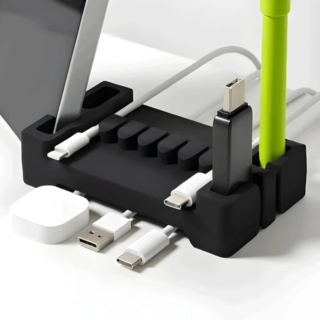 Main image of DeskBrick Silicone + Steel-Weighted Cord Holder for Desk. Weighted Cord Organizer & Cable Management for Desktop. Useful Phone Accessory & Cable Holder for Office, Home. No Adhesive. Black