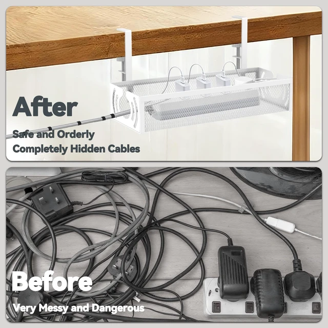 Alt view image 2 of 7 - Cable Management, 15'' Under Desk Cable Management Tray No Drill | Metal Cable Organizer with Clamp for Wire Management, Cord Organizer for Home Office, Desk Accessories Organizer, White