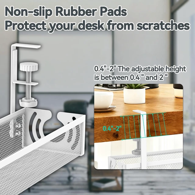 Alt view image 3 of 7 - Cable Management, 15'' Under Desk Cable Management Tray No Drill | Metal Cable Organizer with Clamp for Wire Management, Cord Organizer for Home Office, Desk Accessories Organizer, White