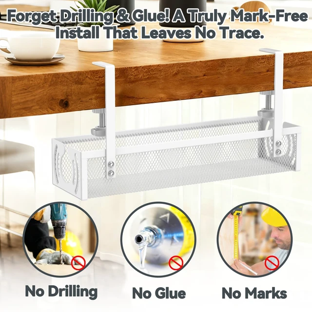 Alt view image 4 of 7 - Cable Management, 15'' Under Desk Cable Management Tray No Drill | Metal Cable Organizer with Clamp for Wire Management, Cord Organizer for Home Office, Desk Accessories Organizer, White