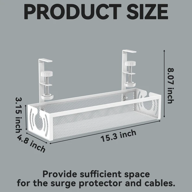 Alt view image 5 of 7 - Cable Management, 15'' Under Desk Cable Management Tray No Drill | Metal Cable Organizer with Clamp for Wire Management, Cord Organizer for Home Office, Desk Accessories Organizer, White