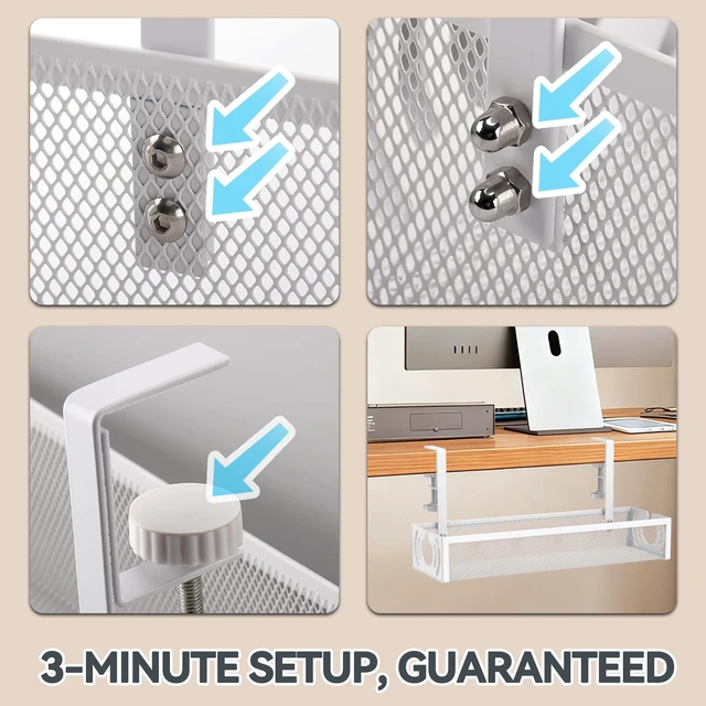 Alt view image 6 of 7 - Cable Management, 15'' Under Desk Cable Management Tray No Drill | Metal Cable Organizer with Clamp for Wire Management, Cord Organizer for Home Office, Desk Accessories Organizer, White