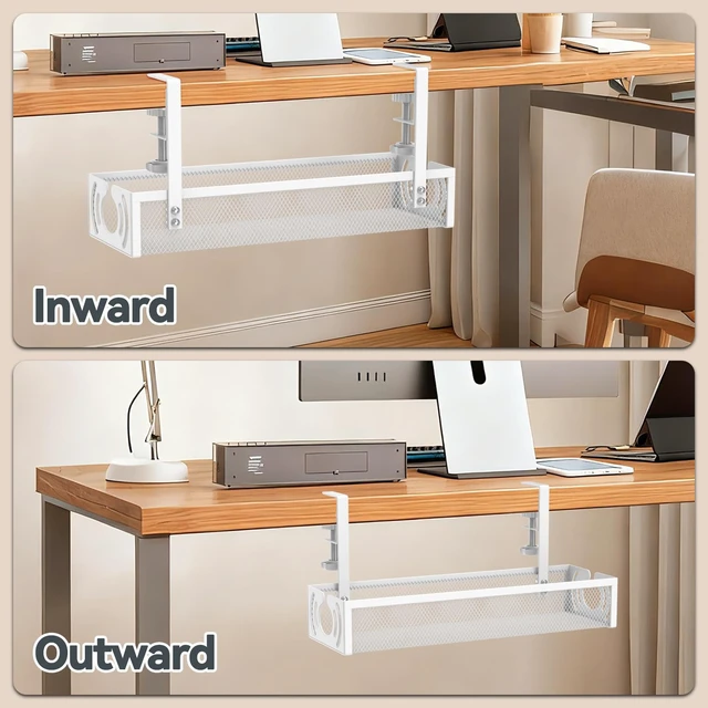 Alt view image 7 of 7 - Cable Management, 15'' Under Desk Cable Management Tray No Drill | Metal Cable Organizer with Clamp for Wire Management, Cord Organizer for Home Office, Desk Accessories Organizer, White