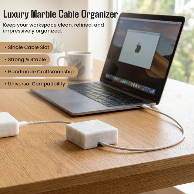 Alt view image 3 of 7 - Craftsman Stoneworks Cord Organizer Polished Marble Cable Tidy, Single | Handmade polished marble cord holder for nightstands and desks. Fits most USB and phone charging cables. Non-slip.