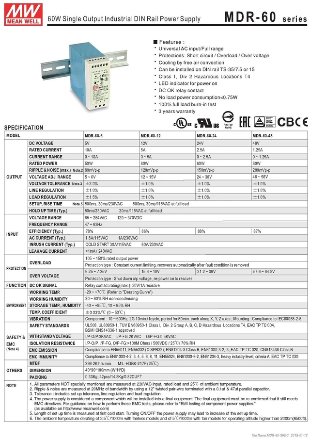 Alt view image 2 of 3 - Mean Well MDR-60-5 AC to DC DIN-Rail Power Supply 5V 10 Amp 50W