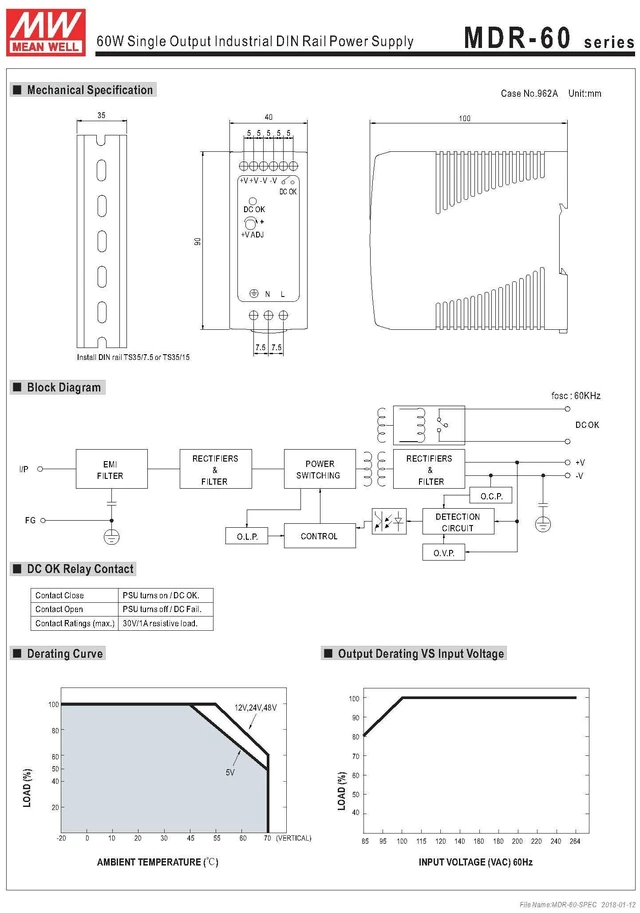 Alt view image 3 of 3 - Mean Well MDR-60-5 AC to DC DIN-Rail Power Supply 5V 10 Amp 50W