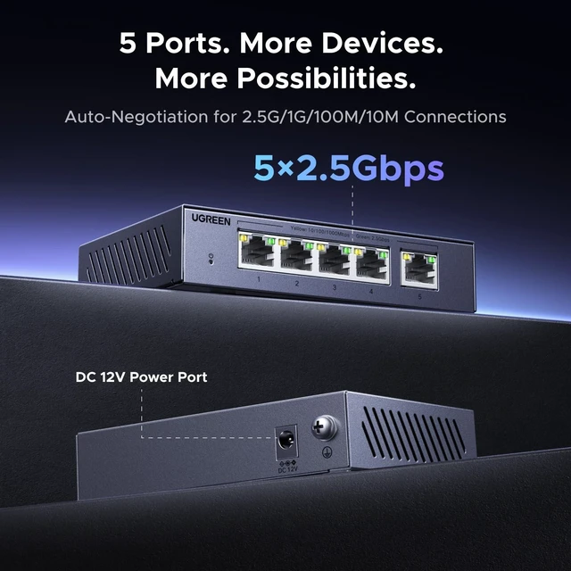 Alt view image 3 of 7 - UGREEN 2.5Gb Switch, 5-Port Ethernet Switch, 5 x 2.5Gb Uplink, Metal Case | Plug & Play Unmanaged Ethernet Splitter, Desktop/Wall Mount Network Hub, Fanless Quiet with LED, for NAS, PC, Game Console