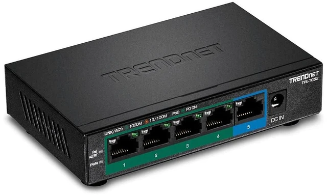 Main image of TRENDnet 5-Port Gigabit PoE+ Switch,TPE-TG52,Lifetime Protection | 32W PoE Power Budget, 10Gbps Switching Capacity, IEEE 802.1p QoS, DSCP Pass-Through Support, Fanless, Wall Mountable