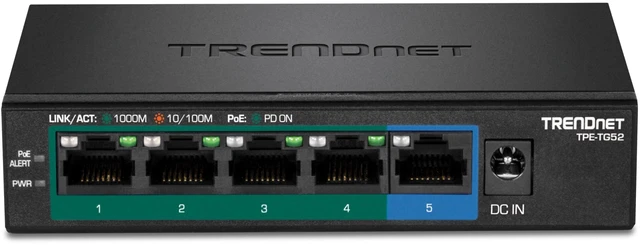 Alt view image 3 of 5 - TRENDnet 5-Port Gigabit PoE+ Switch,TPE-TG52,Lifetime Protection | 32W PoE Power Budget, 10Gbps Switching Capacity, IEEE 802.1p QoS, DSCP Pass-Through Support, Fanless, Wall Mountable