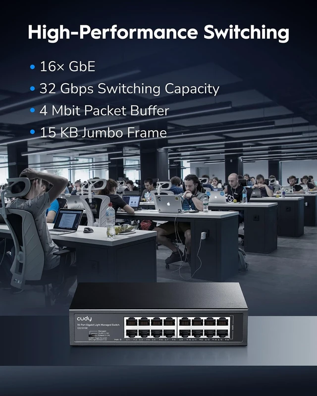 Alt view image 2 of 7 - Cudy 16 Port Gigabit Smart Switch, 32Gbps, VLAN+Extend, GS1016E | 16x GbE, line-rate forwarding, port isolation/250m mode, SPCC body, 200x118x44mm, tabletop install, silent, web-config