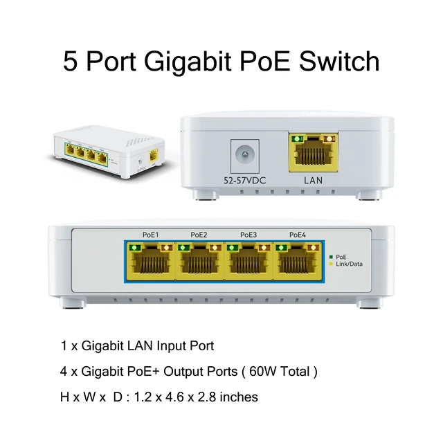 Alt view image 5 of 5 - 5 Port Gigabit PoE Switch - 4 PoE+ Ports, 60W Total, Plug and Play, Small Desktop Switch for Camera/Access Point/IP Phones