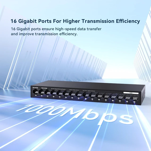 Alt view image 3 of 7 - Tenda 16 Port Gigabit Switch, Unmanaged Ethernet Switch | Metal Case Network Switch for Office & Business, Plug & Play, Fanless Silent, Traffic Optimization (TEG1016M)