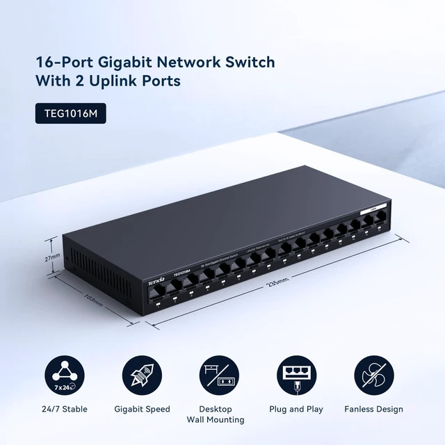 Alt view image 4 of 7 - Tenda 16 Port Gigabit Switch, Unmanaged Ethernet Switch | Metal Case Network Switch for Office & Business, Plug & Play, Fanless Silent, Traffic Optimization (TEG1016M)