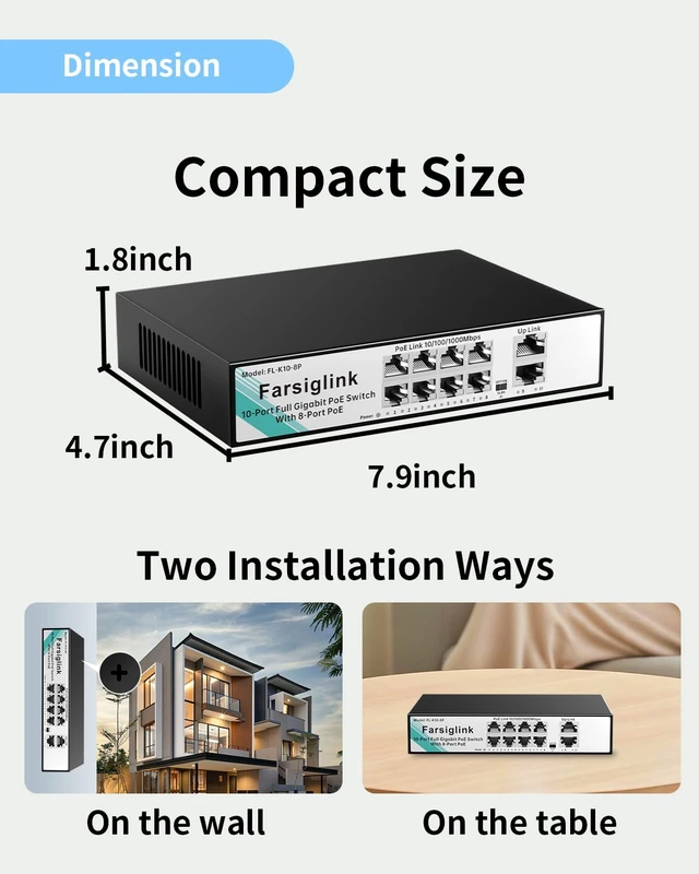 Alt view image 7 of 7 - 8 Port PoE Switch Gigabit, 8× 1000Mbps PoE+ Port@120W, 2× Gigabit Uplink | IEEE802.3af/at, Plug & Play Unmanaged Ethernet Switch with VLAN/Extend Mode, AI Watchdog, Fanless Metal Housing
