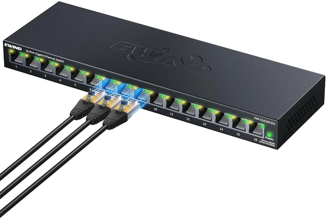 Main image of EWIND 2025 Upgraded 16 Port Gigabit Ethernet Switch with LED&Loop Prevention, Lifetime Protection, Plug & Play Unmanaged Network Switch, Fanless Quiet, Desktop/Wall Mount Metal Ethernet Splitter