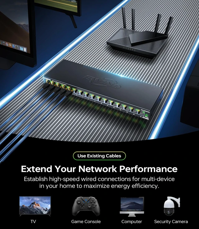 Alt view image 2 of 6 - EWIND 2025 Upgraded 16 Port Gigabit Ethernet Switch with LED&Loop Prevention, Lifetime Protection, Plug & Play Unmanaged Network Switch, Fanless Quiet, Desktop/Wall Mount Metal Ethernet Splitter