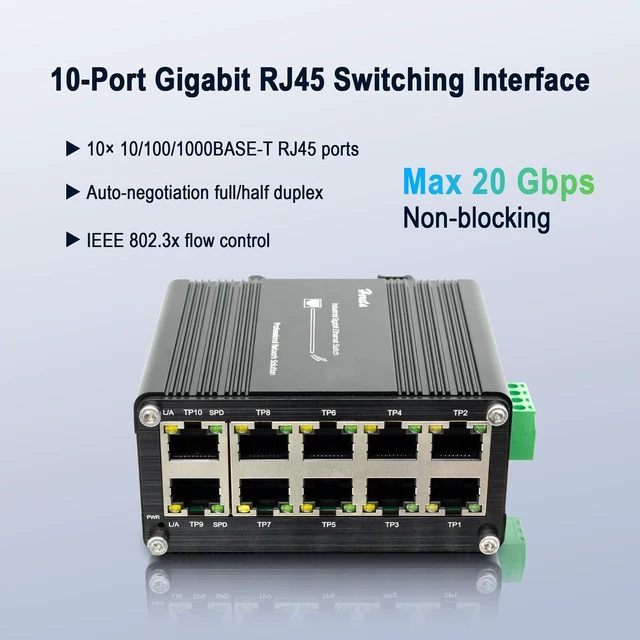 Alt view image 4 of 7 - 10 Port Gigabit Ethernet Unmanaged Switch, Industrial Network Switch with 10 x RJ45 Ports, 10/100/1000 Mbps, Plug & Play, Metal Case, Supports 12-48V DC Input