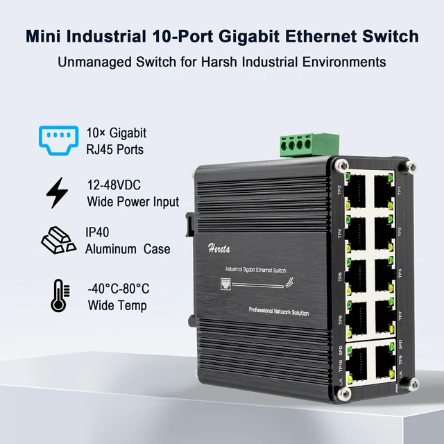 Alt view image 3 of 7 - 10 Port Gigabit Ethernet Unmanaged Switch, Industrial Network Switch with 10 x RJ45 Ports, 10/100/1000 Mbps, Plug & Play, Metal Case, Supports 12-48V DC Input