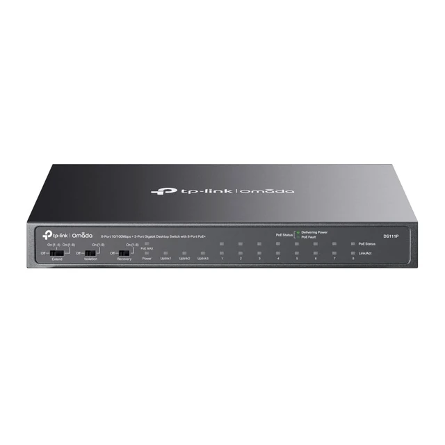 Main image of Omada DS111P, 11 Port Unmanaged Desktop Switch with 8-Port PoE+ | 8×10/100 Mbps Ports, 2×1G Ports, 1×1G SFP Port, IEEE 802.3af, Up to 250m (802 ft), PoE Auto Recovery, Fanless, Plug&Play