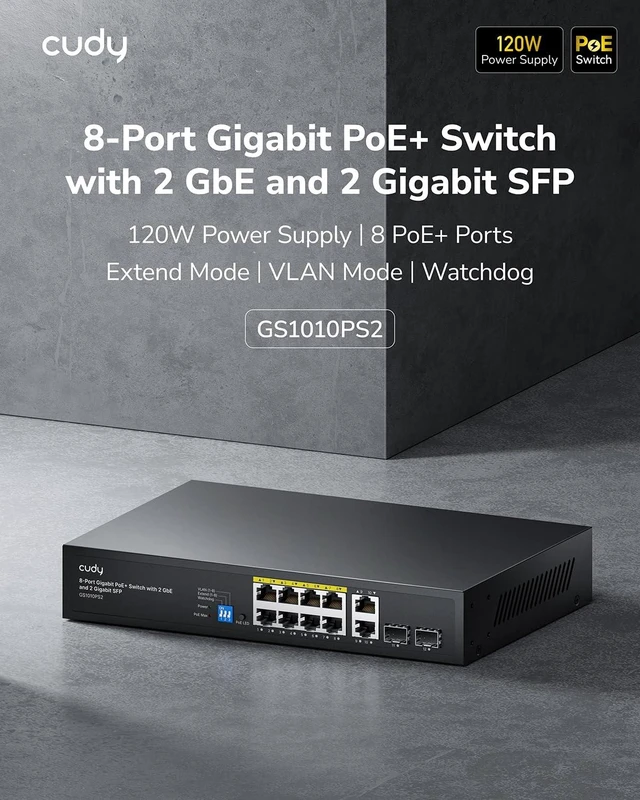 Alt view image 2 of 7 - Cudy 12 Port Gigabit Smart Switch, 120W PoE, 2 SFP, GS1010PS2 | 8x 802.3af/at, 2x GbE, 2x fiber, 20 Gbps capacity, port isolation/250m mode, SPCC body, 256x170x44mm, silent design